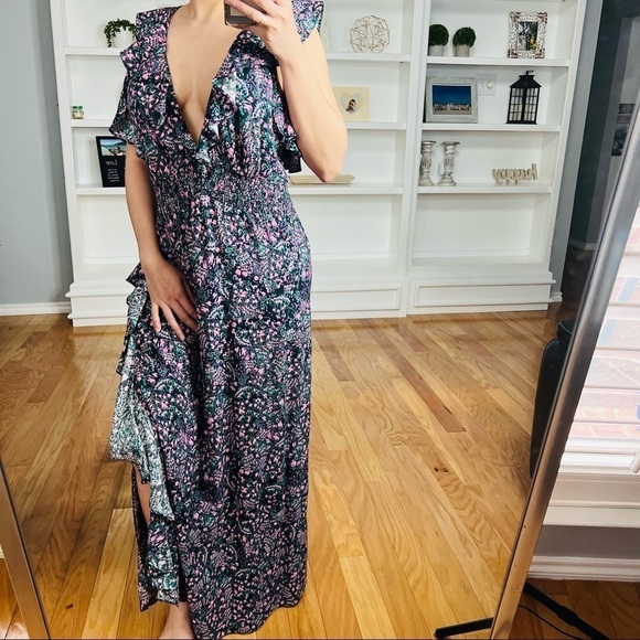 IRO NWT Santu Ruffled Shirred Crepe De Chine Maxi
Dress Black Pink Green Size 36 - Picture 5 of 12